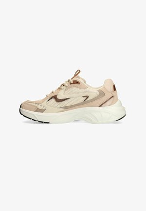 Beige and cream lace-up sneaker with mesh panels, brown accents, thick white sole, and pull tab on the tongue and heel.