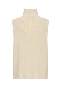 Beige stickad ärmlös polokrage tröja med en texturerad yta, featuring en hög krage och en rak skärning.