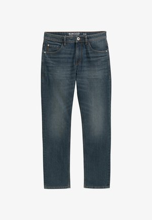 Straight-leg jeans in dark blue denim, featuring five pockets, a button closure, and subtle whiskering on the front. Soft texture.