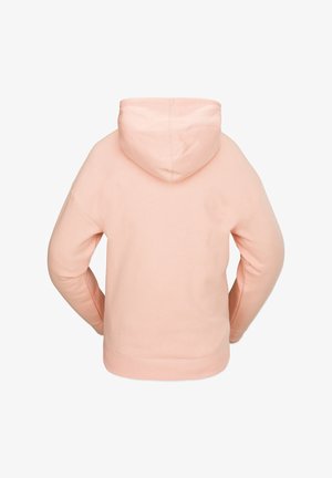 Pink hoodie with a textured fabric, featuring a drawstring hood, ribbed cuffs, and a waistband. Simple, casual design with no visible graphics.