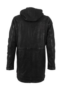 Zwarte leren jacket met een capuchon, met een gladde textuur, lange mouwen en een recht gesneden ontwerp. Achteraan is het stiksel zichtbaar.