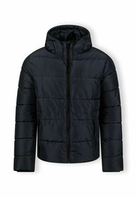 Mustat untuvatakki, jossa on vetoketjukiinnitys, säädettävä huppu ja tikattu kuosi. Valmistettu sileästä, kevyestä materiaalista, ja siinä on sivutaskut.