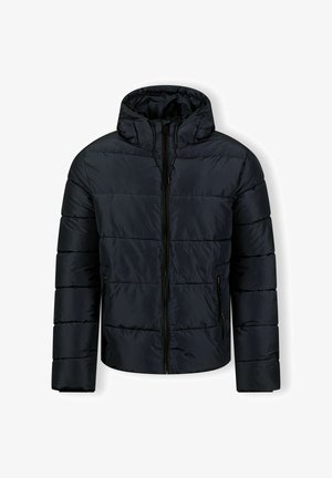 Puffer jacket in solid black, featuring a zip front, adjustable hood, and quilted pattern. Made of smooth, lightweight material with side pockets.
