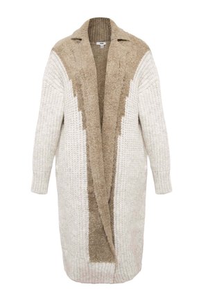 Knit cardigan in cream and beige, featuring a collar, open front, and varied textures with a ribbed hem and sleeves.