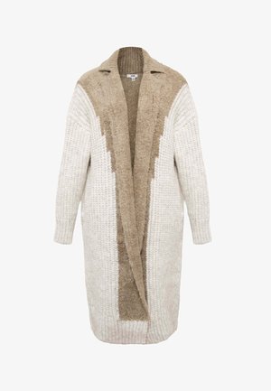 Knit cardigan in cream and beige, featuring a collar, open front, and varied textures with a ribbed hem and sleeves.