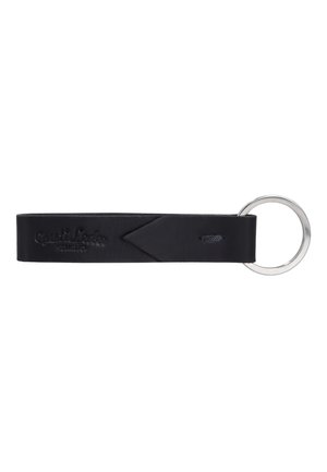 Black leather keychain loop with a silver metal keyring attached on one end and subtle embossed branding.