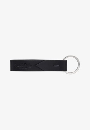 Black leather keychain loop with a silver metal keyring attached on one end and subtle embossed branding.