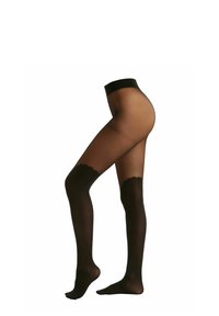 Collant neri opachi con una sezione superiore trasparente e un design scallop, simile al pizzo, sulla coscia. Texture liscia, vita elasticizzata.