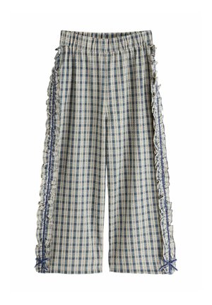 Pantalon large à carreaux bleu et blanc, avec volants sur les côtés, taille élastique et petits nœuds bleus aux bords de l'ourlet.