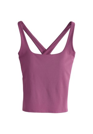 Lila V-Ausschnitt-Top mit breiten, hinten gekreuzten Trägern. Hergestellt aus glattem, dehnbarem Stoff, mit figurbetontem Schnitt und sauberem Saum.