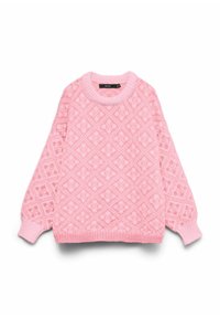 Pull en tricot rose avec motif en losanges et floral, col rond côtelé, poignets et ourlet, posé à plat sur fond blanc.
