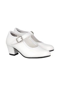 Zapatos Mary Jane blancos con tacón bajo de bloque y correa ajustable con hebilla, mostrados uno al lado del otro sobre un fondo blanco.
