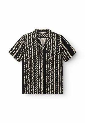 Schwarz-cremefarbenes Hemd mit kurzen Ärmeln, das Zickzack- und Diamantmuster aufweist, mit einer Knopfleiste vorne und einem entspannten Kragen-Design.