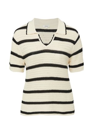 Cremafarbener kurzärmeliger Stricktop mit schwarzen horizontalen Streifen und einem Kragen mit V-Ausschnitt.