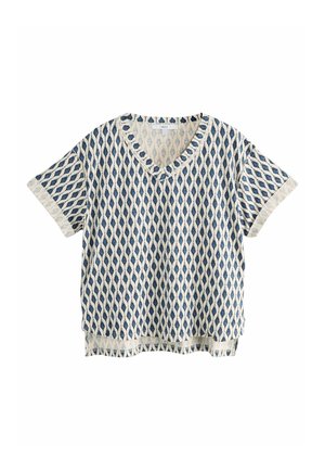Korte mouwen V-hals shirt met blauw-wit ruitpatroon, losse pasvorm en iets langere achterkant.
