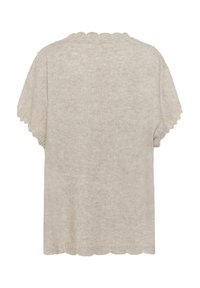 Haut en tricot léger beige clair à manches courtes avec un ourlet en dentelle et une coupe décontractée. Le tissu a une texture douce avec un motif subtil.