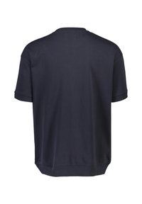 Maglietta a maniche corte blu navy con collo rotondo, realizzata in tessuto morbido, con orlo dritto e senza branding o motivi visibili.