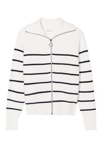 Pull en tricot côtelé blanc avec des rayures horizontales noires, doté d'un col montant et d'une fermeture éclair argentée avec un tirette circulaire.