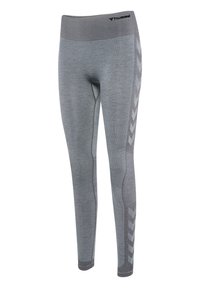 Graue Sportleggings aus dehnbarem Material, mit einem breiten Bund und einem strukturierten Seitenpaneel im Chevron-Muster.