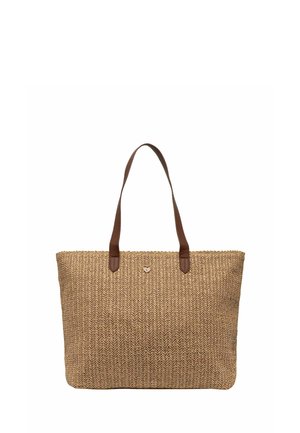 Borsa tote rettangolare in paglia intrecciata con manici a tracolla in pelle marrone scuro e piccolo dettaglio a forma di cuore al centro davanti.