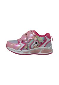 Sneakers per bambini rosa con colletto imbottito, materiale lucido, cinturini in velcro e un design di unicorno con accenti colorati sui lati.