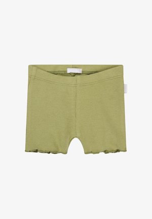 Olivgrüne Rippcotton-Shorts mit elastischem Bund und gewellten Kanten. Mit einem kleinen Markenetikett am Bund.