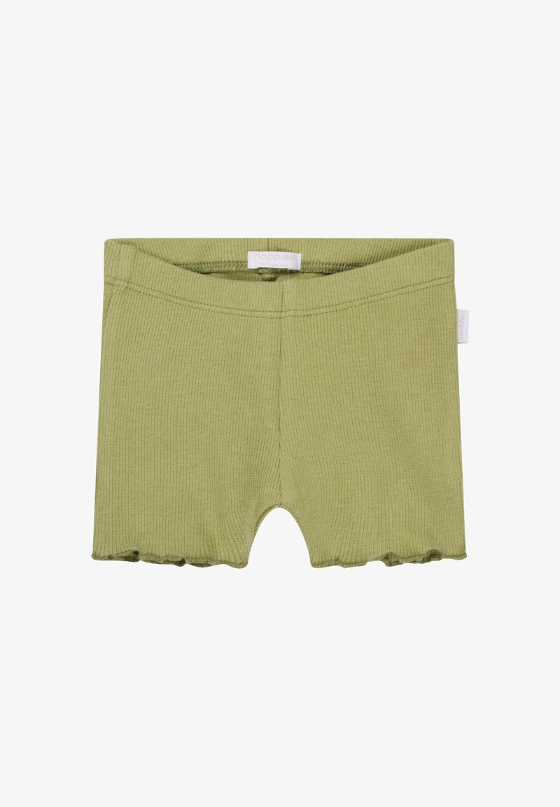 Oliwkowe, prążkowane szorty z bawełny z elastycznym paskiem i falbankami na brzegach. Zawierają małą metkę marki na pasku.