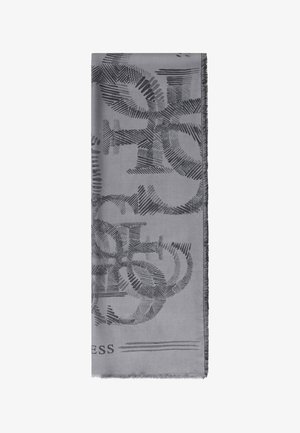 Szary prostokątny szalik z ciemnymi abstrakcyjnymi wzorami i frędzlami na brzegach, złożony wzdłuż na białym tle.