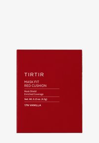 Rode rechthoekige doos met het label "TIRTIR Mask Fit Red Cushion," met witte tekst; bevat 0,15 oz (4,5 g) verrijkt dekkingproduct.