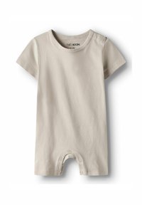 Jasno beżowy bodysuit z krótkim rękawem wykonany z miękkiej bawełny, z okrągłym dekoltem i zapięciem na napy na dole, ułatwiającym ubieranie.