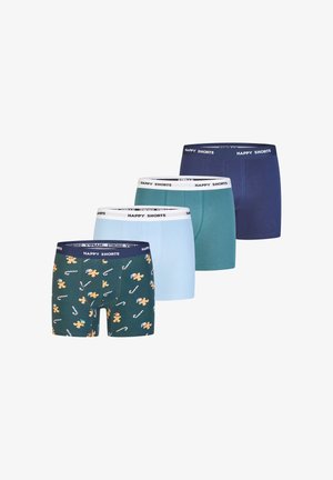 Sada boxerek ve čtyřech barvách: zelená s perníčkovým vzorem, světle modrá, modrozelená a tmavě modrá. Všechny mají bílý pas s nápisem "HAPPY SHORTS".