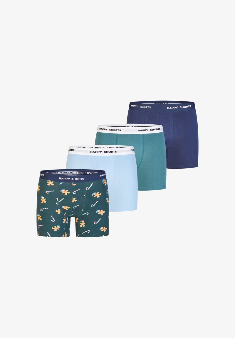 Sada boxerek ve čtyřech barvách: zelená s perníčkovým vzorem, světle modrá, modrozelená a tmavě modrá. Všechny mají bílý pas s nápisem "HAPPY SHORTS".