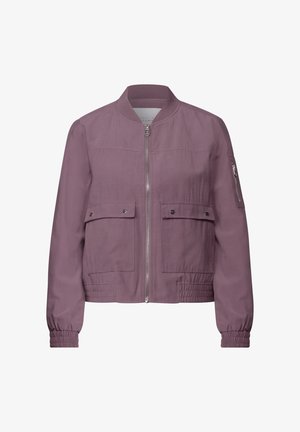 Giacca bomber in tessuto viola attenuato, con due ampi taschini frontali, polsini a coste e una cerniera completa con finitura liscia.