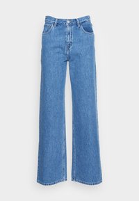 Blue denim wide-leg jeans with a high waist, featuring two front pockets and a button closure. The fabric has a slightly textured finish.