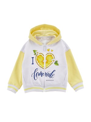Bluza s kapuco na zadrgo z rumenimi rokavi in kapuco, belim telesom ter napisom "I love lemonade" in grafiko rezine limone v obliki srca na sprednji strani.