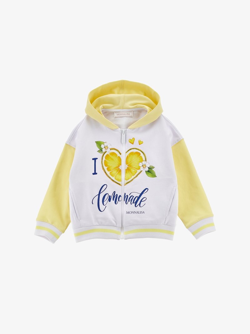 Kaeptu lukuga dressipluus kollaste varrukate ja kapuutsiga, valge kerega, millel ees kiri "Ma armastan limonaadi" ning sidruniviilu südamiku pilt.