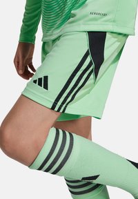 Groene sportshorts met zwarte accenten en drie strepen; gecombineerd met gestreepte groene sokken. Gemaakt van ademend AEROREADY-materiaal.