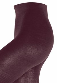 Collant borgogna in un materiale liscio e elastico con un design aderente e una texture fine, caratterizzati da una vita alta e cuciture lisce.