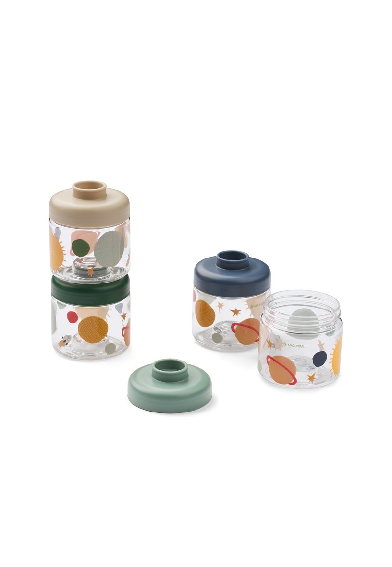 Kolme läpinäkyvää purkkia, joissa on värikkäitä planeettiaiheisia kuvastoja. Mukana vaalea, vihreä ja tummansinisä kansi. Erikokoisia ja -muotoisia.