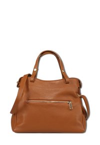 Bruine leren handtas met een gestructureerde afwerking, twee handvatten, een afneembare schouderriem en een voorvak met rits.