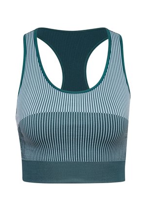 Sport-BH in Türkis und Hellblau mit Streifen. Verfügt über ein Racerback-Design und einen strukturierten Bund. Hergestellt aus dehnbarem, atmungsaktivem Material.