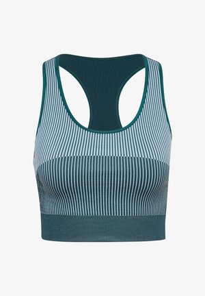 Sport-BH in Türkis und Hellblau mit Streifen. Verfügt über ein Racerback-Design und einen strukturierten Bund. Hergestellt aus dehnbarem, atmungsaktivem Material.