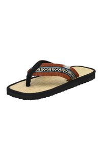 Brown woven strap flip-flop with black rubber outsole, textured beige footbed, and blue and white patterned accents on the strap.