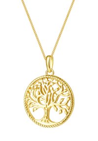 Collar con colgante en tono dorado que presenta un diseño de árbol troquelado en un marco circular con un borde retorcido, suspendido de una fina cadena.