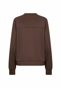 Brauner Langarm-Sweatshirt mit gerippten Bündchen und Saum, von hinten auf einem weißen Hintergrund gezeigt.