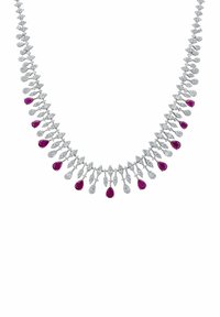 Silver necklace with alternating diamond and ruby accents, featuring teardrop shapes and a shimmering texture throughout its design.