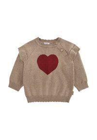 Pullover in maglia beige con un design a cuore rosso, dettagli arricciati sulle spalle e bottoni sul colletto. Texture morbida, vestibilità casual.