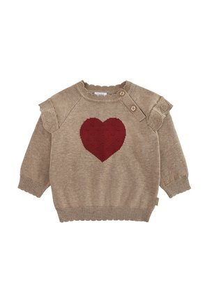 Pullover in maglia beige con un design a cuore rosso, dettagli arricciati sulle spalle e bottoni sul colletto. Texture morbida, vestibilità casual.