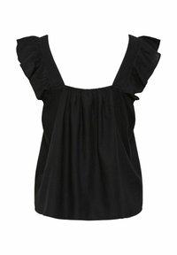 Top nero senza maniche con spalline arricciate, corpino arricciato e vestibilità ampia. Realizzato in tessuto leggero con una texture liscia.