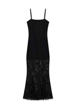 Robe de soirée noire sans manches avec fines bretelles, corsage ajusté et détails en dentelle semi-transparente du milieu de la cuisse jusqu'à l'ourlet.